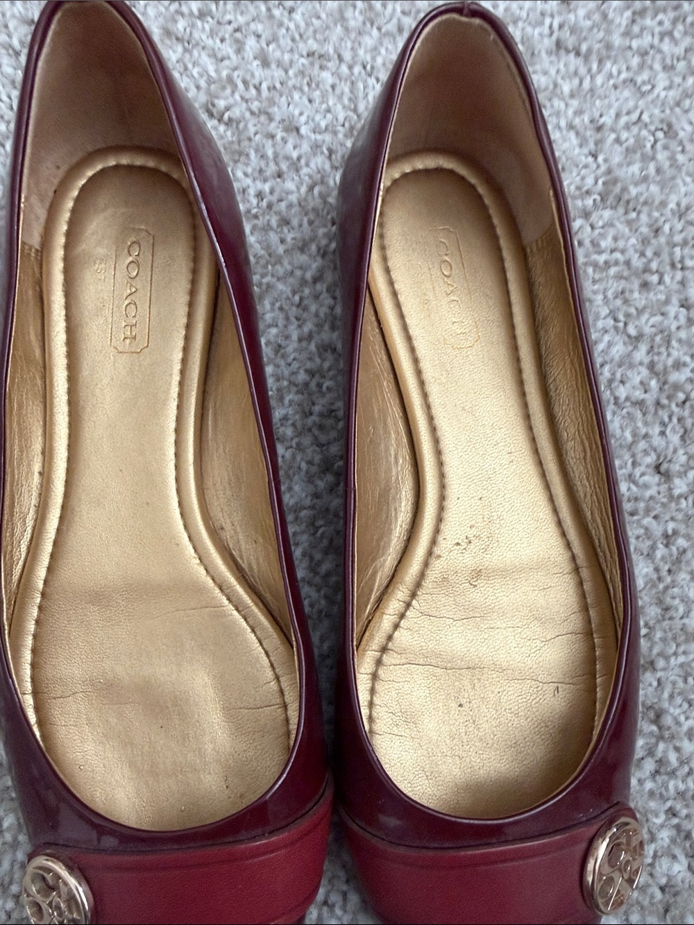 Coach Oneida Women's Burgundy Patent Pointed Toe Flats with Gold Logo - Picture 7 of 9